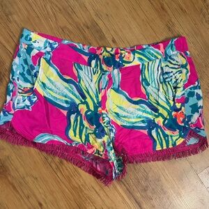 Lily Pulitzer Fringe Shorts Pink Floral Sz L